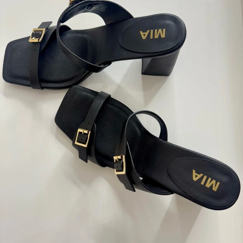 MIA Black Wedge Sandal with Gold Buckles